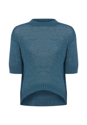 Blauer Strickpullover mit kurzen Ärmeln, rundem Ausschnitt und High-Low-Saum, mit strukturiertem, offenem Strickmuster.
