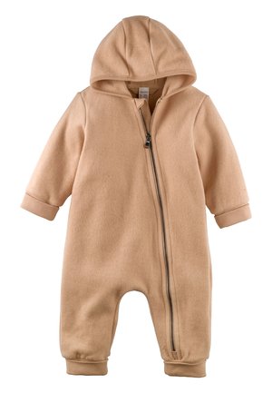 Body bébé beige avec capuche, manches longues, fermeture zippée du cou à la jambe gauche, poignets et chevilles avec bord-côtes.