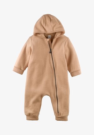 Body bébé beige avec capuche, manches longues, fermeture zippée du cou à la jambe gauche, poignets et chevilles avec bord-côtes.