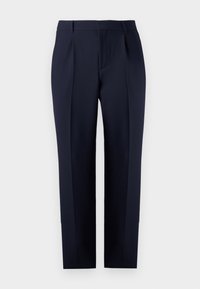 Pantaloni drepți, customizați, de culoare bleu marin, cu față plisată și bucle pentru curea. Realizați dintr-un material neted, având un design clasic.