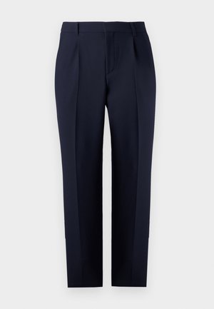 Pantaloni drepți, customizați, de culoare bleu marin, cu față plisată și bucle pentru curea. Realizați dintr-un material neted, având un design clasic.