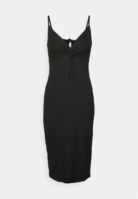 Robe midi noire avec fines bretelles, détail de nœud torsadé sur la poitrine et décolleté en V, présentée sur un fond uni.
