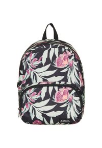 Mochila con base negra y un vibrante patrón floral que presenta flores rosas y hojas verdes. Tiene un bolsillo frontal con cremallera y un asa en la parte superior.