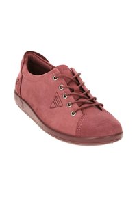 Red suede lace-up shoes with metal eyelets, rubber sole, and embossed logo. Rounded toe and minimal stitching detail.