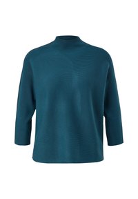 Pull en maille côtelée bleu sarcelle avec col montant, manches trois-quarts, coupe ample et ourlet droit.