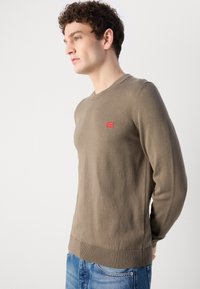 Brun langermet genser i glatt strikket stoff, med rund hals og en liten rød merkevarelogo på brystet. Stylert med blå jeans.