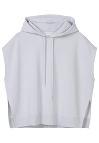 Světle šedá zkrácená mikina s kapucí vyrobená z měkké látky, bez rukávů a s bočními rozparky pro lepší ventilaci.