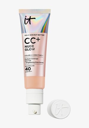 Tube it Cosmetics CC+ Nude Glow, teinte correctrice de couleur à couvrance moyenne avec SPF 40 et sérum illuminateur, distributeur pompe et bouchon.