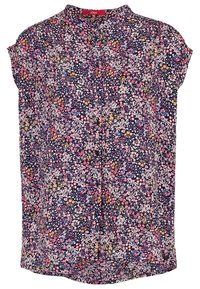 Blusa corta de manga corta en azul marino con flores rosas y amarillas. Cuenta con un cierre de botones en la parte delantera y un collar mao. Tejido ligero.