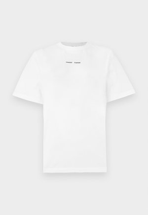 White cotton t-shirt with short sleeves, round neckline, and black printed text "SAMSØE SAMSØE" on the chest. Smooth texture and regular fit.