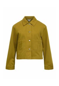 Giacca cropped giallo-verde con chiusura a bottoni, colletto a punta, due tasche anteriori a toppa e maniche lunghe. Tessuto dalla consistenza liscia.
