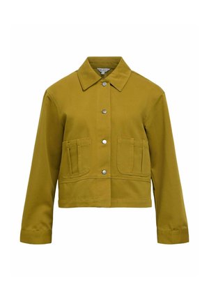 Giacca cropped giallo-verde con chiusura a bottoni, colletto a punta, due tasche anteriori a toppa e maniche lunghe. Tessuto dalla consistenza liscia.