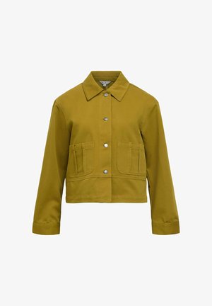 Geelgroene cropped jas met knoopsluiting, spitse kraag, twee voorzakken en lange mouwen. Zachte stoftextuur.