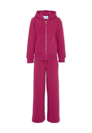 Tuta fucsia composto da una felpa con zip, tasca frontale e pantaloni coordinati con vita elastica e taglio comodo. Tessuto dalla texture liscia.
