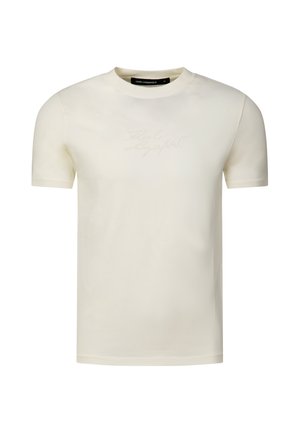 Cremefarbenes T-Shirt mit kurzen Ärmeln, dezent geprägt auf der Brust und rundem Halsausschnitt, Größe Medium.