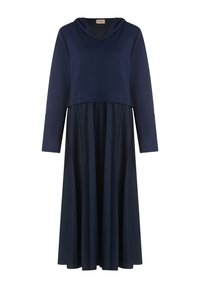 Granatowa sukienka z kapturem, z dopasowanym gorsetem i zwiewną, plisowaną spódnicą. Miękka tkanina, długie rękawy i dekolt w kształcie litery V.
