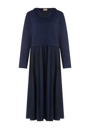 Navy blue hooded dress featuring a fitted bodice and flowy, pleated skirt. Soft fabric with long sleeves and a V-neckline.