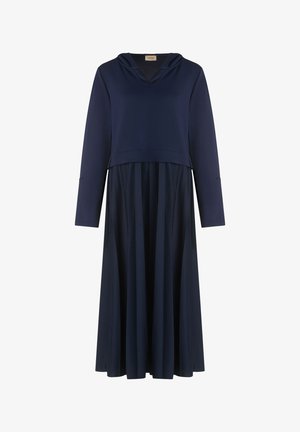 Navy blue hooded dress featuring a fitted bodice and flowy, pleated skirt. Soft fabric with long sleeves and a V-neckline.