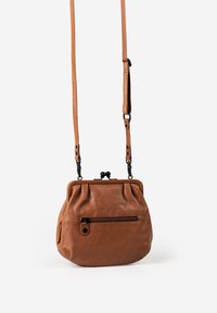 Brown leather crossbody bag with front zip pocket, adjustable strap, and clasp closure against a plain white background.