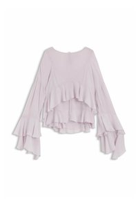 Lyse lilla top med lagdelte flæseærmer og en afslappet pasform. Fremstillet af et tekstureret stof med rund halsudskæring og diskret frynset kant.