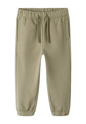 Pantalones de chándal verde claro con cintura elástica, cordón, bolsillos laterales y puños elásticos en los tobillos. Textura de tela suave y lisa.