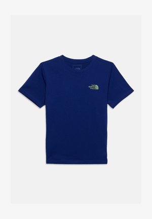 Granatowy t-shirt z krótkim rękawem z małym jasnozielonym logo The North Face po lewej stronie klatki piersiowej.