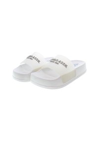 White slide sandals with a translucent strap, textured footbed, and "Polo Assn. Since 1890" printed in gray on the strap.