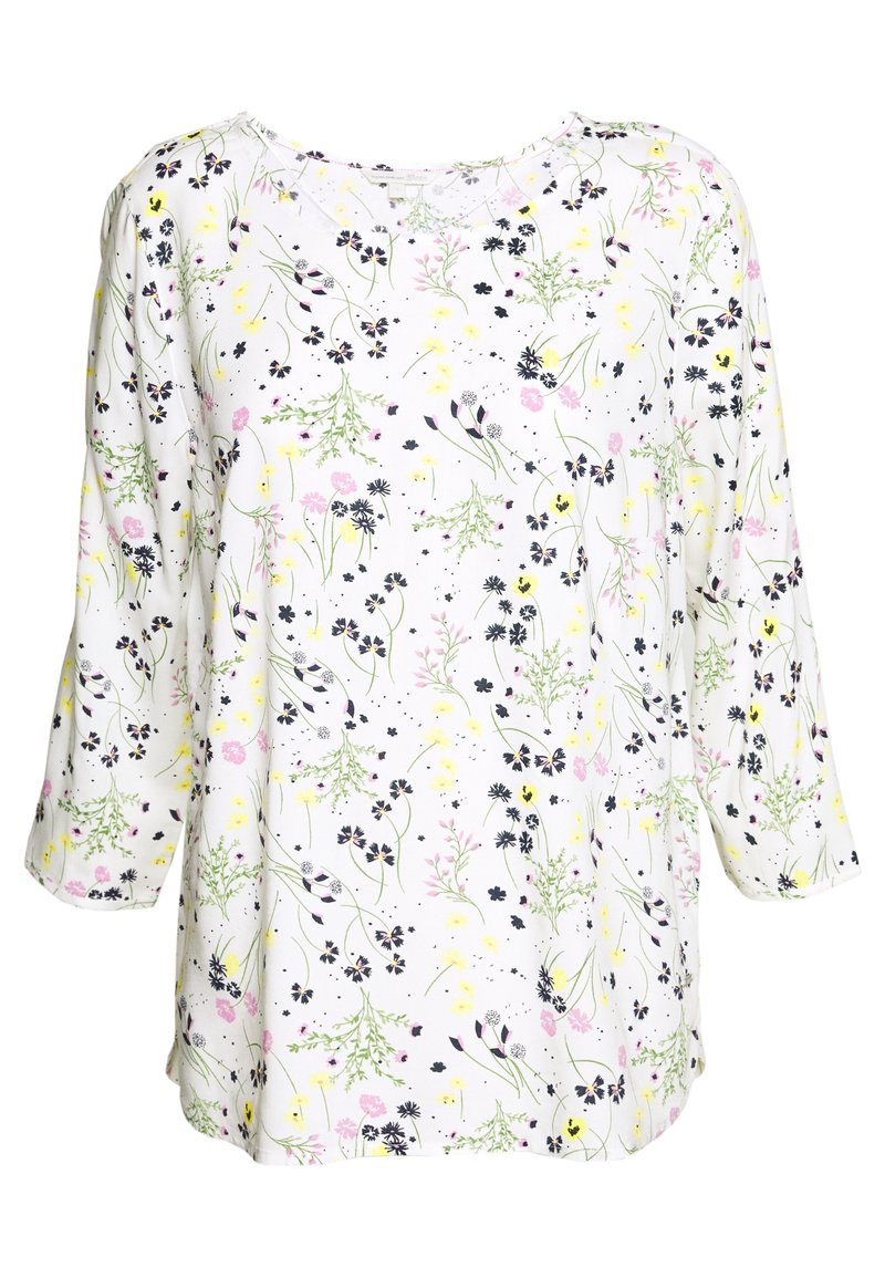 Blusa bianca con maniche a tre quarti, caratterizzata da un motivo floreale in rosa, giallo e nero. Tessuto morbido e leggero con scollatura rotonda.