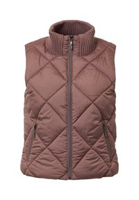 Gilet matelassé mauve sans manches avec col montant côtelé, fermeture éclair devant et poches latérales zippées, présenté sur fond blanc.