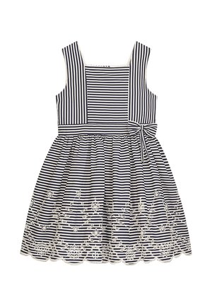 Gestreiftes Kleid in Marineblau und Weiß mit eckigem Ausschnitt, ärmellosem Design und gewelltem Spitzenabschluss. Mit einer Schleife in der Taille.