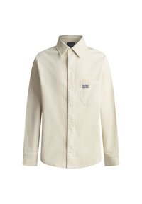 Lichtbeige corduroy overhemd met knopen, een kraag, lange mouwen en een borstzak met het blauwe "Red Bull Racing" logo.