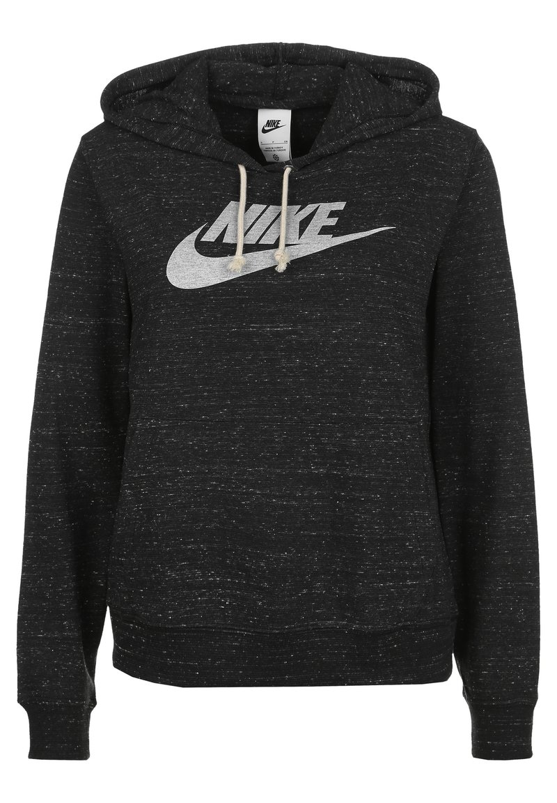 Felpa nera con cappuccio realizzata in tessuto testurizzato, dotata di un logo Nike grigio sul davanti, cordini al collo e polsini e orlo a coste.