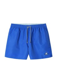 Blauwe zwemshorts van lichtgewicht stof, voorzien van een elastische tailleband, trekkoordsluiting en een klein logo aan de onderrand.