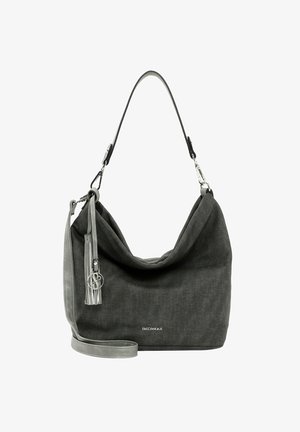 Szara torba hobo z materiału o luźnym kształcie, z odpinanym szarym paskiem i srebrnymi elementami, z ozdobnym chwostem i detalem logo.