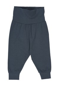 Námořnické modré látkové kalhoty s širokým, měkkým pasem, elastickými lemy na kotnících a uvolněným střihem navrženým pro pohodlí a snadný pohyb.