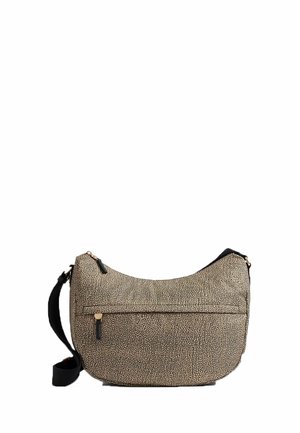 Piccola borsa a tracolla beige e nera con trama, tasca frontale con zip e tracolla nera regolabile.