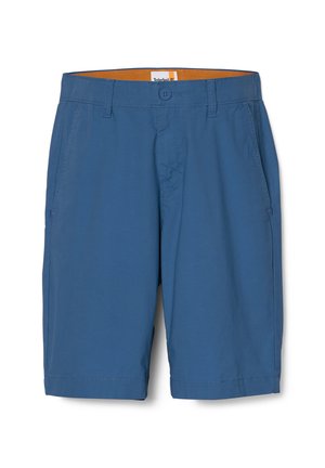 Blauwe shorts van lichtgewicht stof, met zijzakken, een knoopsluiting en contrasterende oranje binnenkant. Rechte snit.
