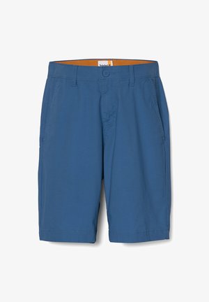 Pantaloni corti blu in tessuto leggero, con tasche laterali, chiusura a bottone e interno arancione a contrasto. Design a gamba dritta.