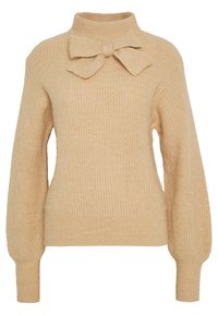 Beige Strickpullover mit hohem Kragen und Schleifendetail am Hals. Die Textur ist weich mit gerippten Mustern am Körper und den Ärmeln.