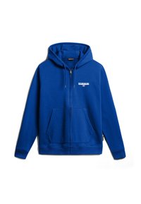 Blå zip-up hættetrøje lavet af blødt, struktureret stof. Har en forlomme og en hætte med snoretræk. Indeholder et lille logo på brystet.