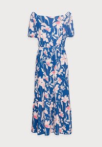 Robe maxi bleue à motifs floraux, avec des manches courtes, un décolleté dénudé, une taille cintrée et un ourlet évasé, ornée de motifs de fleurs roses et blanches.