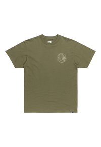 Olive green cotton t-shirt with short sleeves, a crew neck, and a graphic logo in white on the left chest area. Soft texture.