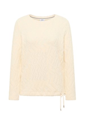 Crèmewit shirt met lange mouwen gemaakt van een gestructureerde stof, met een zigzagpatroon en een trekkoordzoom voor een verstelbare pasvorm. Label met de tekst "CECIL."