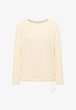 Kremowy top z długim rękawem wykonany z teksturowanej tkaniny, z wzorem zygzaka oraz troczkiem na dole do regulacji dopasowania. Metka z napisem "CECIL".
