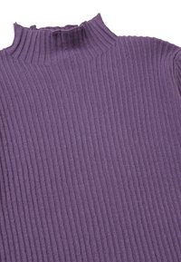 Rippierter lila Rollkragenpullover mit hohem Ausschnitt und weichem Material, aus gestricktem Stoff mit vertikalen Streifen.