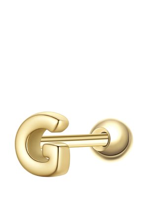 Guldfarvet ørestik formet som bogstavet G med en lige stang og rund bagplade på hvid baggrund.