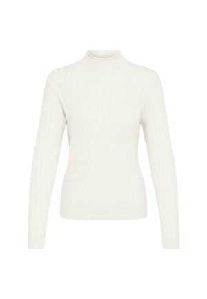 Fehér garbós pulóver bordázott textúrával és hosszú ujjakkal. Egyszerű, testhezálló dizájn, puha kötött anyagból készült. Nincs rajta minta vagy díszítés.