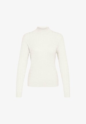 Fehér garbós pulóver bordázott textúrával és hosszú ujjakkal. Egyszerű, testhezálló dizájn, puha kötött anyagból készült. Nincs rajta minta vagy díszítés.