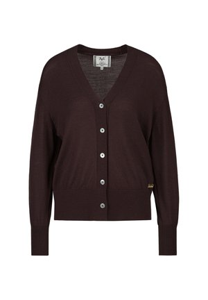 Cardigan marron foncé à boutons, manches longues, col en V, poignets et ourlet côtelés, et petit détail de logo doré sur le bas côté.