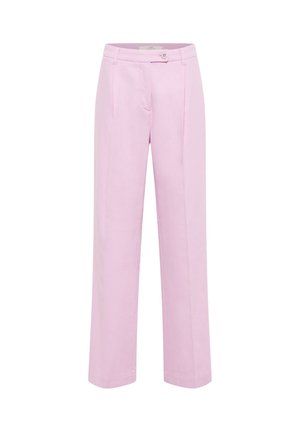Light pink straight-leg trousers with button and zip closure, belt loops, and side seams, displayed against white background.
